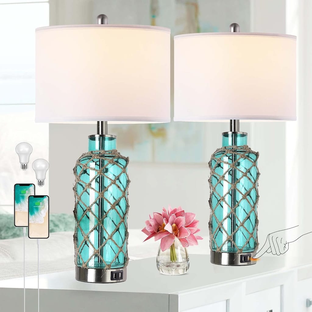 Cottage Nautical Accent Table Lamp Set of 2, Touch Control Glass Rope Net Bedside Lamp with 2 USB Ports, 3-Way Dimmable Lamps