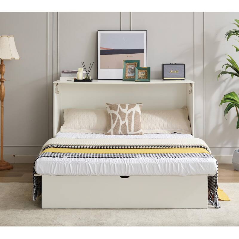Queen Size Murphy Bed Cabinet with Storage Drawer, Folding Foam Mattress, USB & AC Charging Ports, and Smooth Glide Mechanism