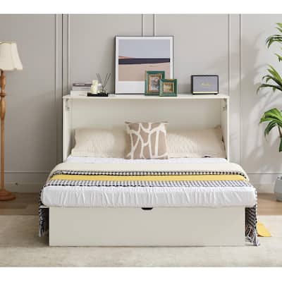Queen Size Murphy Bed Chest with Storage Drawers, Wood Folding Wall Platform Bed Frame with Charging Station, Mattress Included