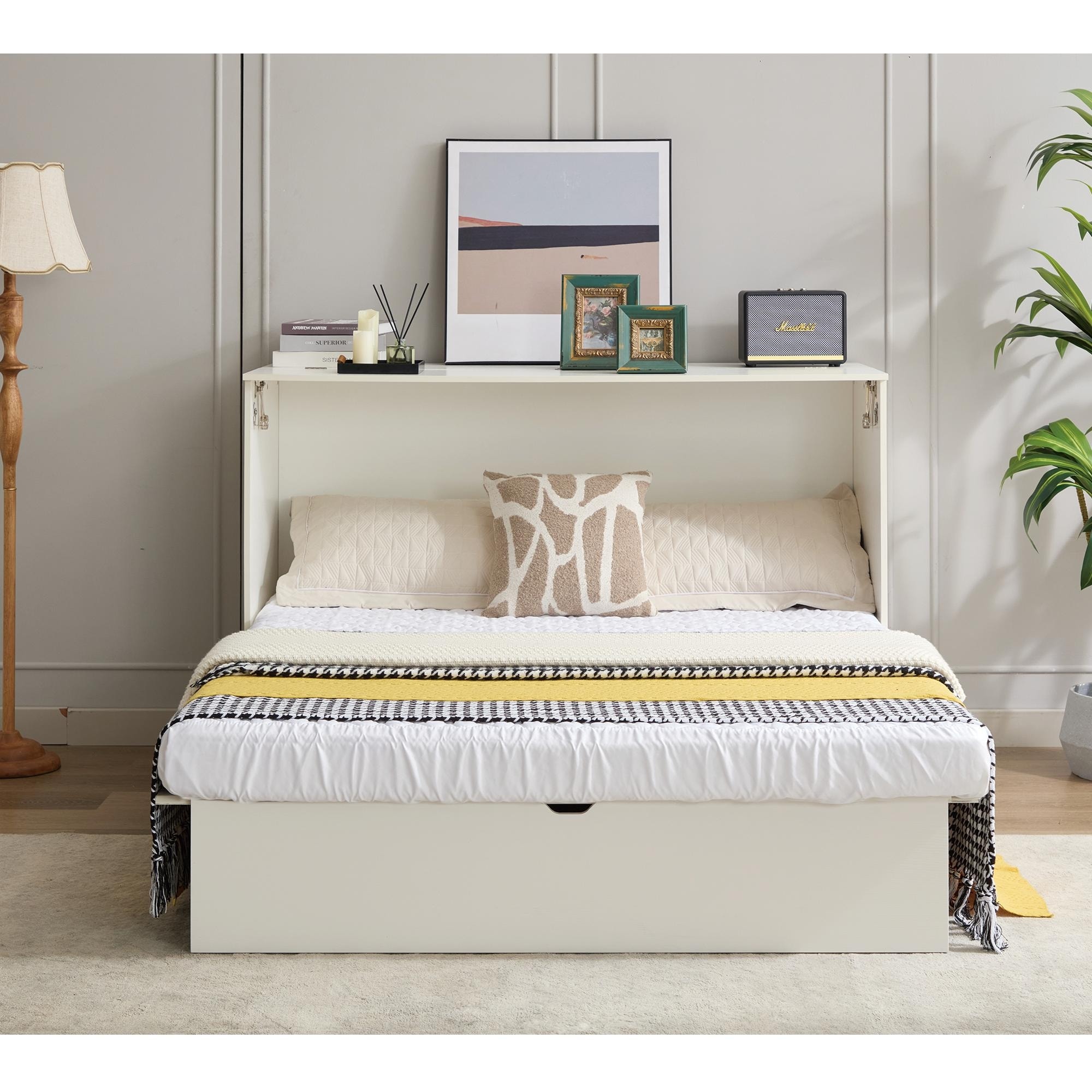 Queen Size Murphy Bed Chest with Storage Drawers, Wood Folding Wall Platform Bed Frame with Charging Station, Mattress Included