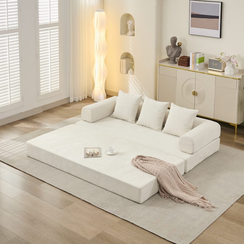 3-Tier Design Convertible Chenille Sofa Bed, Folding Sleeper Floor Sofa with Pillows, No-Assembly Modular Sofa Couch