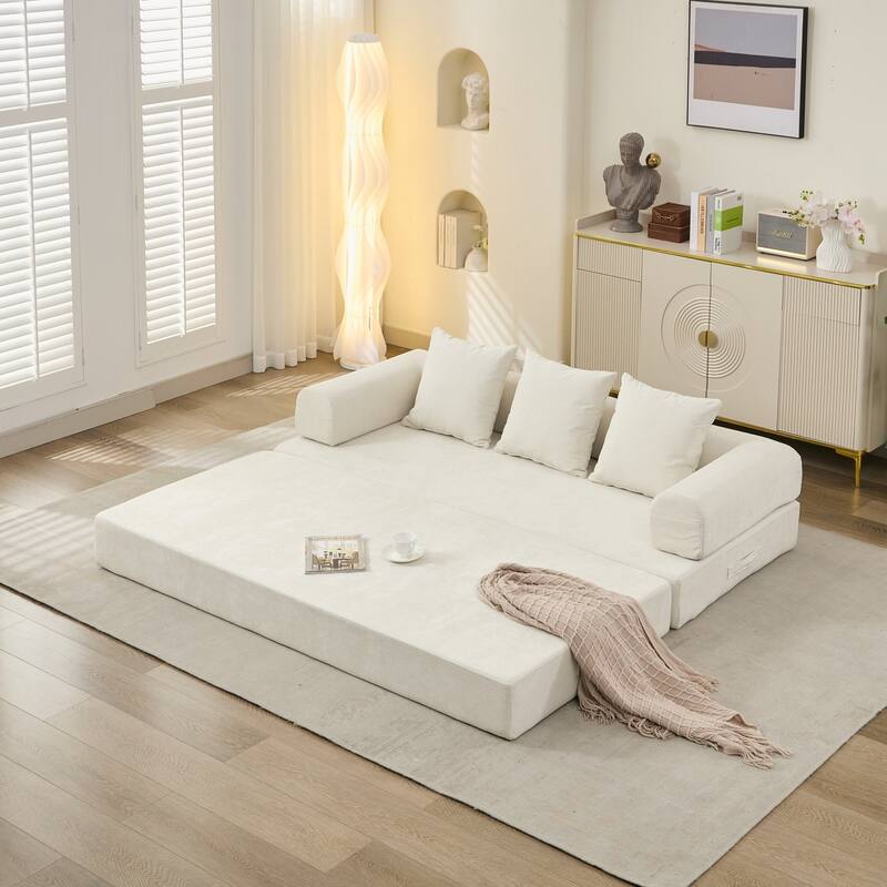 Chenille Folding Sofa Floor Sleeper Bed Chaise Lounger Couch 3-in-1 Comfy Mattress with Reversible Arm Pillows and Non-slip Pad