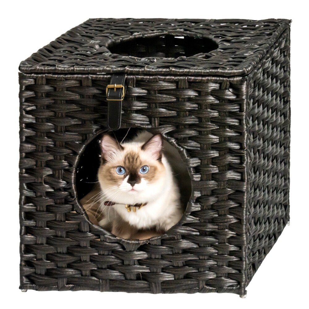 Rattan Cat Litter Cat Bed with Rattan Ball and Cushion pad yellow brown