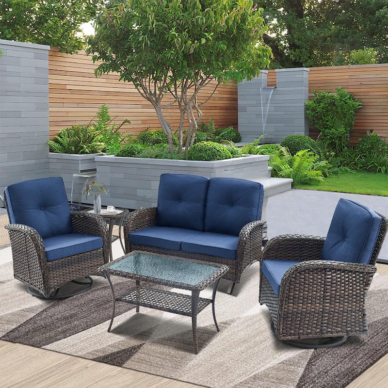 Gymojoy Outdoor Glider Rocking Sofa Patio Swivel Chair - Brown - Blue