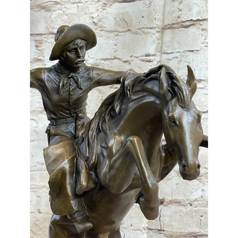 Bronco Buster Frederic Remington Western Bronze Statue Sculpture Marble Base 17 Inches X 15 Inches