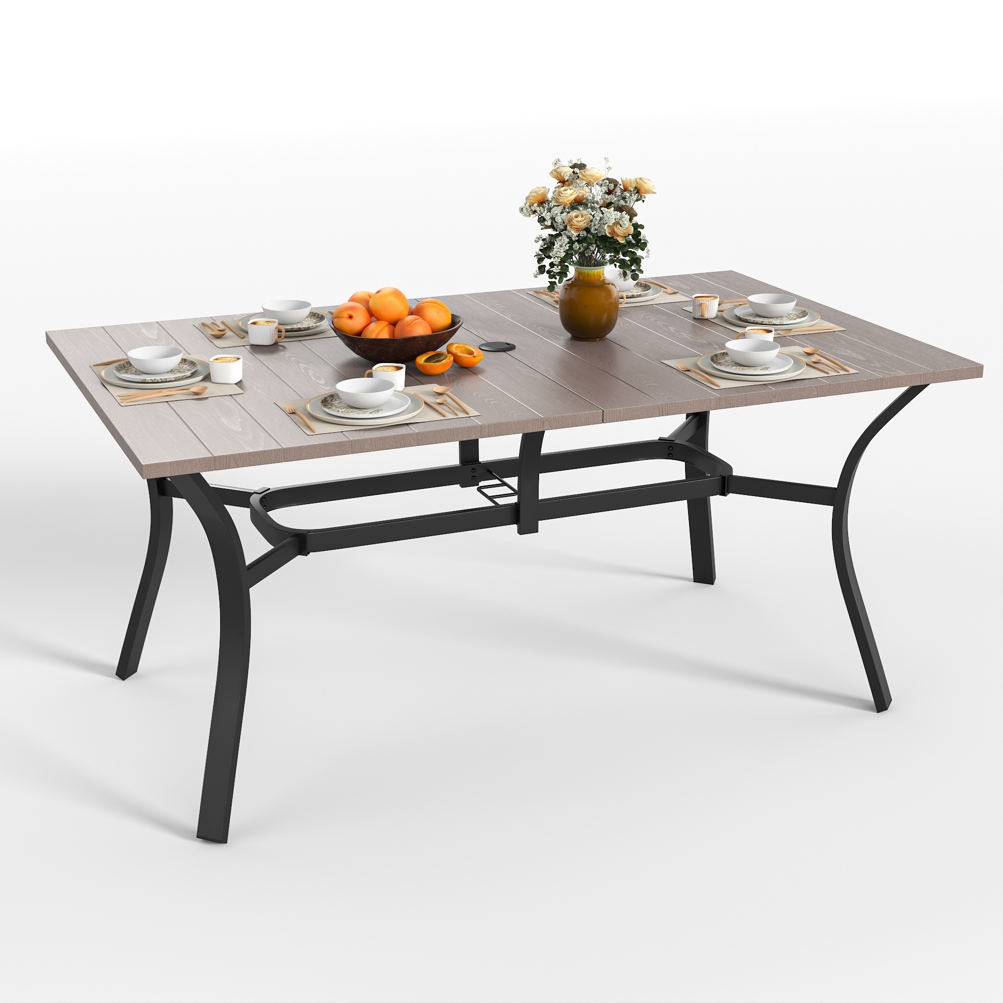 Vintage Wood Grain Metal Table 62.99"x 37.8"Rectangular with Umbrella Hole, Heavy-Duty Steel Frame Rust-Resistant Easy Clean