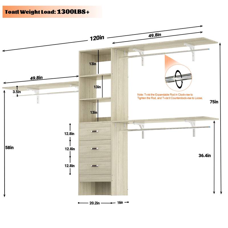 Rackcog 120'' Adjustable Closet Organizer with Drawers, Closet System with DIY Shelves for Reach-in and Walk-in Closet