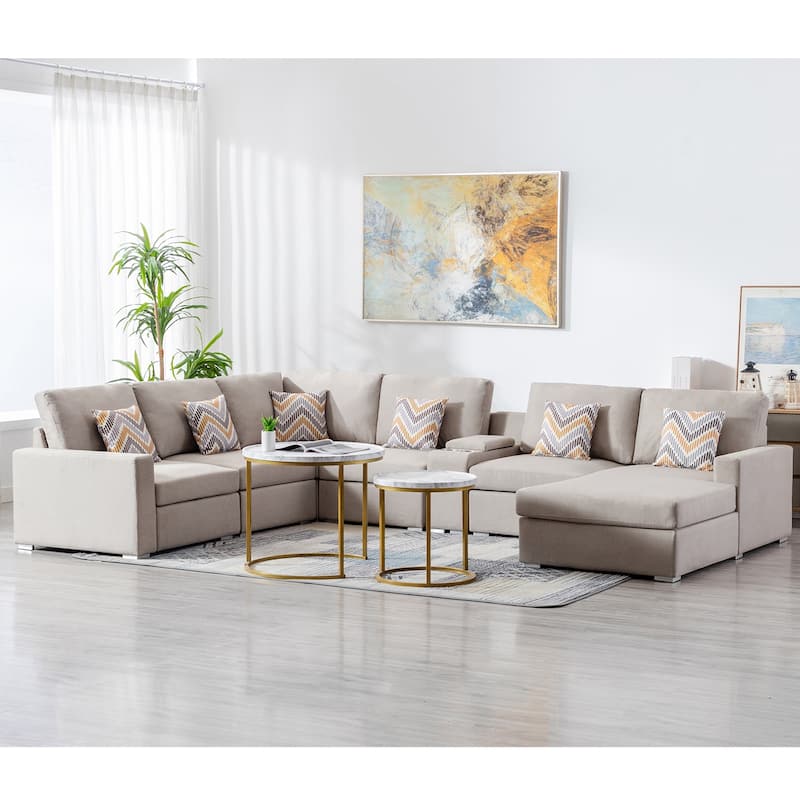Linen Fabric 7 Piece Reversible Chaise Sectional Sofa with Storage Console Table and 6 Pillows