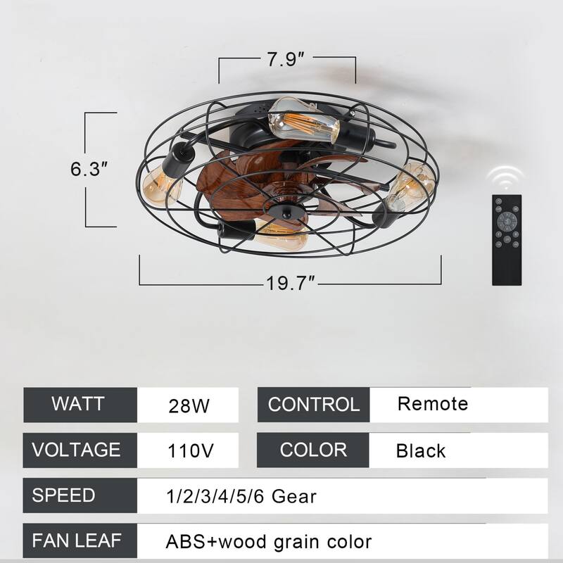 Oaks Aura 20in. Modern Industrial Low Profile Ceiling Fan with Light, Black Farmhouse Flush Mount Remote Control Ceiling Fan