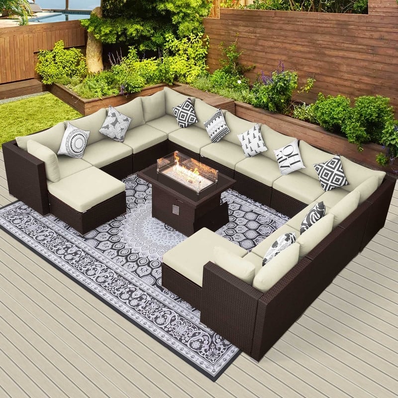 FINCATI Outdoor Wicker Patio Furniture Conversation Sectional Sofa Set - 15 PCS - Beige