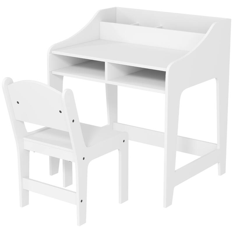 Kids Desk and Chair Set Wood MDF Ergonomic Design with Storage for Ages 3 to 8 - 23.6" W x 18.9" D x 26.8" H - White