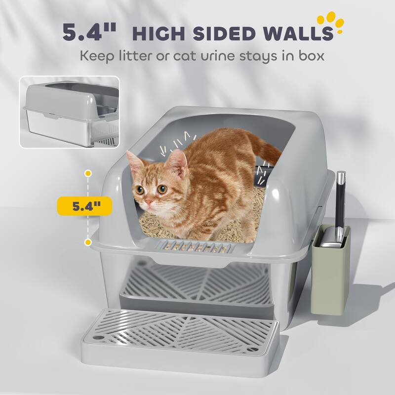 PawHut Stainless Steel Litter Box, Easy Clean Metal Litter Box with High Sided for Anti-Urine Leakage, Light Gray