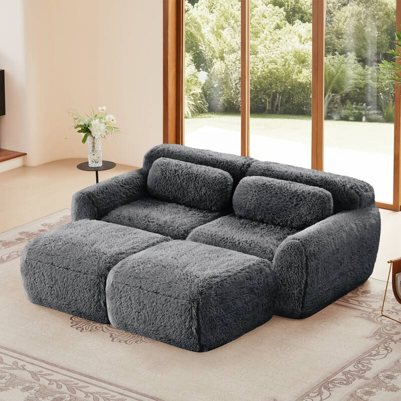 80" Floor Loveseat Modular Sectional Sofa, Plush Fabric Boneless Couch Set with 2 Ottoman - Dark Grey