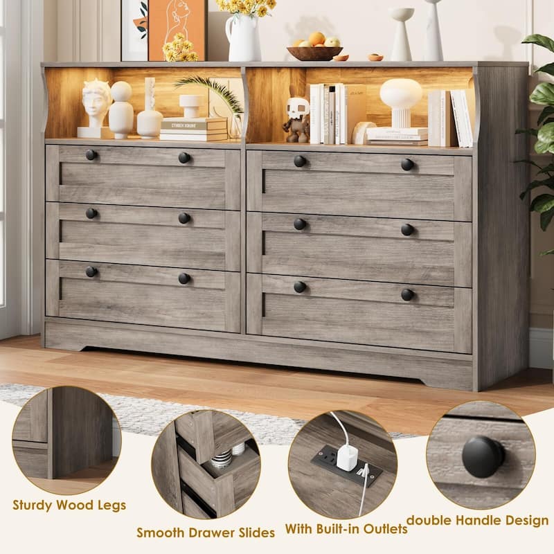 6 Drawer Dresser for Bedroom, 55" Wood Chest of Drawers with Charging Station, LED Lights and 2 Storage Compartments
