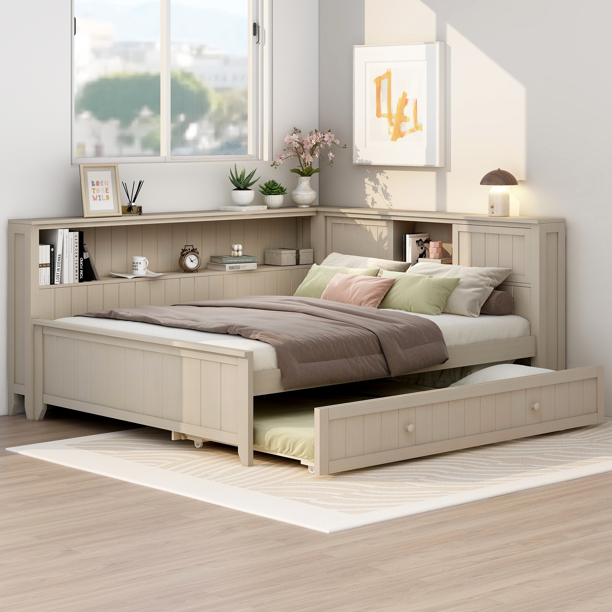Full Size Wood Daybed with Storage Shelves and Trundle