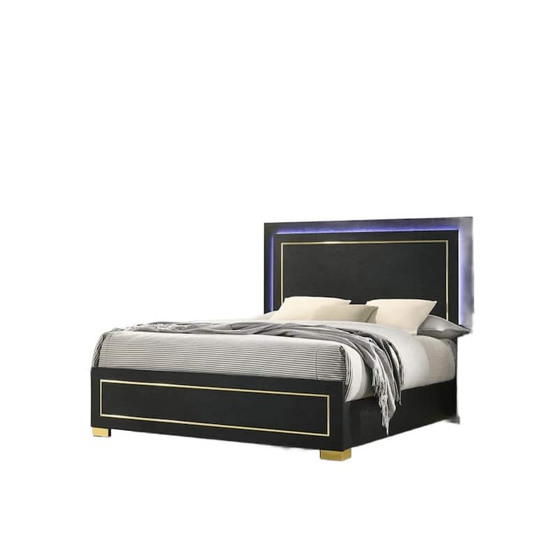 Queen Size Bed with LED Headboard, Black Finish, Gold Trim, Metal Legs