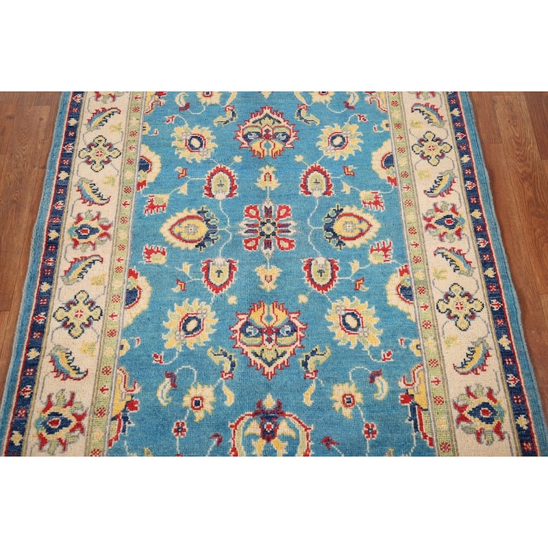 Light Blue Kazak Traditional Accent Rug Hand-Knotted Wool Carpet - 3'5" x 4'11"