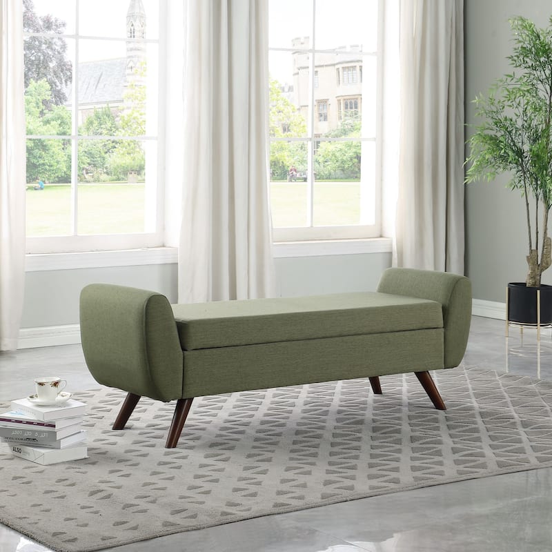 HomePop Modern Sherpa Storage Bench with Wood Legs - Cream - Olive Green Woven