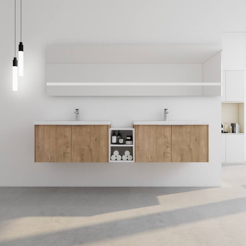 60 Inch Bathroom Vanity with Soft Close Doors, Resin Sink, Ample Storage and Matching Small Shelves (KD Packing) - 82.9in L Plywood - 82.9in L Imitative Oak
