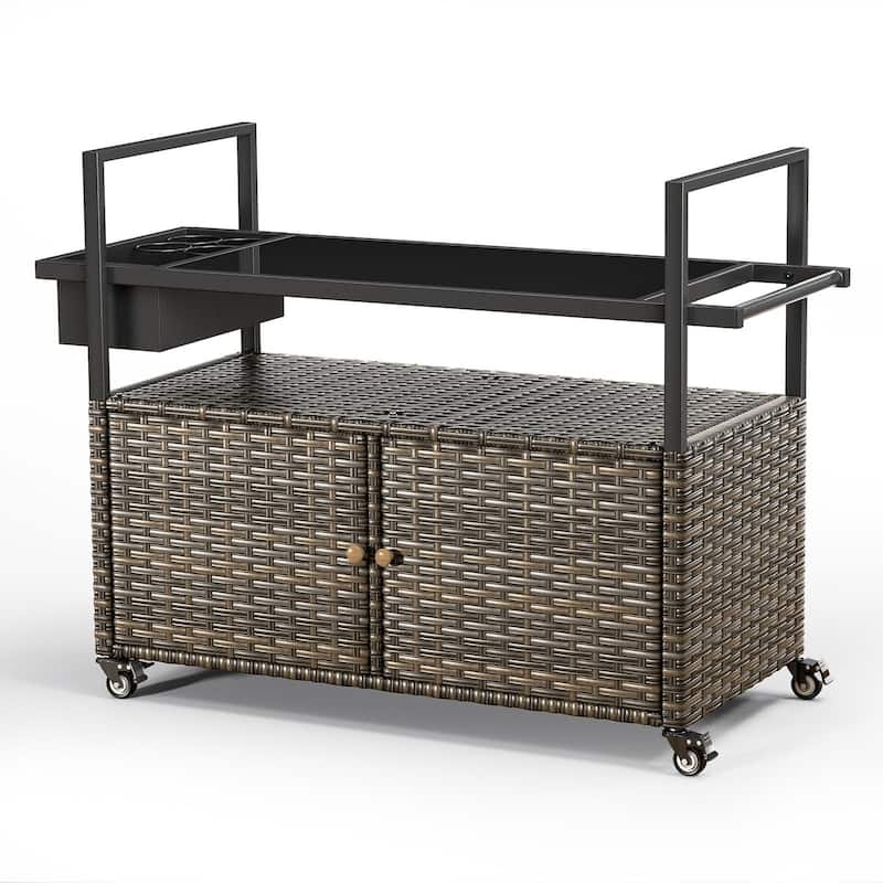 Outdoor Grill Cart Table with Wheels, Wicker Kitchen Island