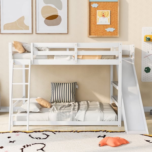 slide 2 of 30, Modern Full over Full Wood Bunk Kids Bed with Ladder,Slide,Shelves White