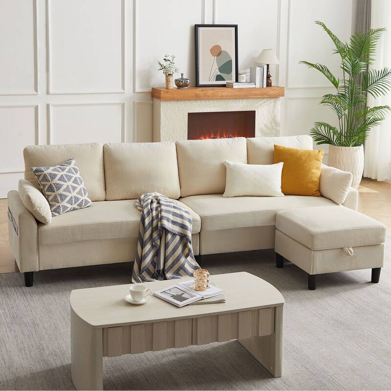 101" Corduroy U Shaped Sectional Sofa with Storage Ottoman