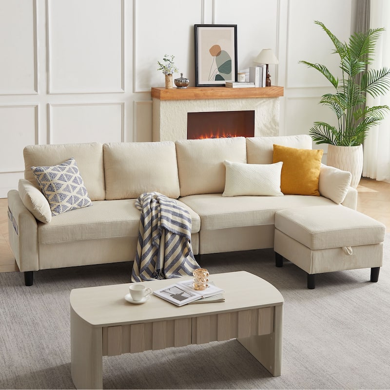 101'' Corduroy Upholstered Sectional Sofa With Storage Ottoman