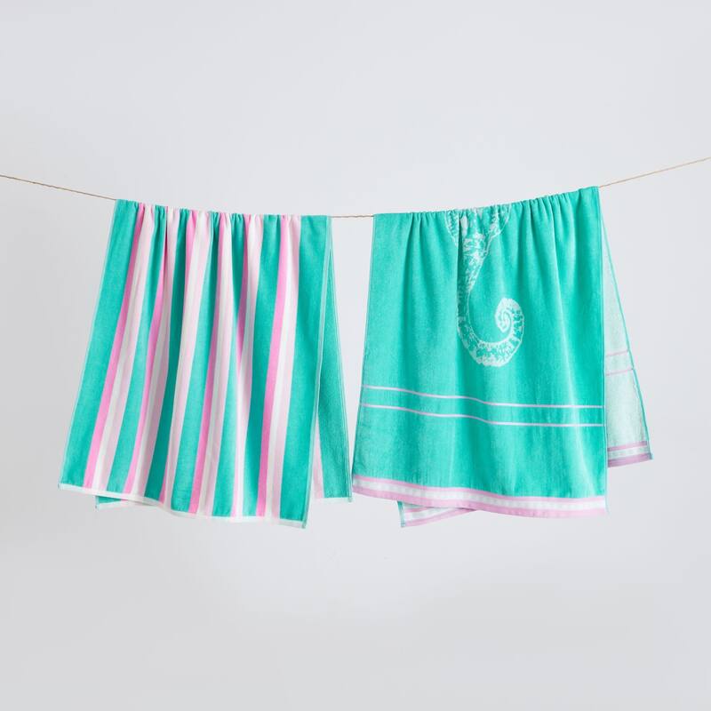 Luxurious Cotton Printed Beach Towel - 2 Pack- 30" x 60" - Seahorse Green / Pink