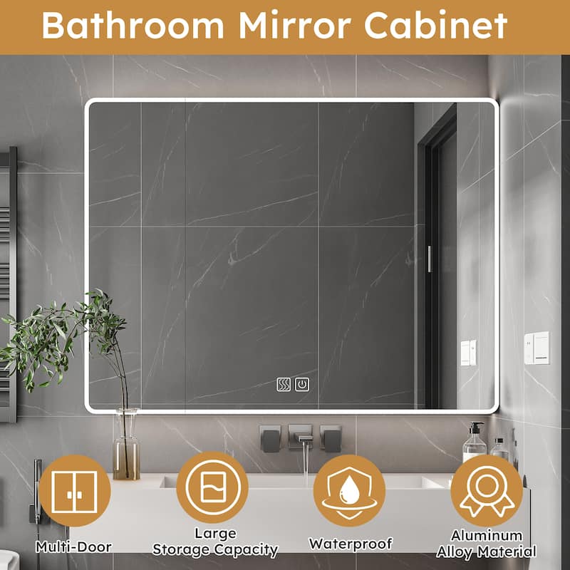 Silver Glass LED Bathroom Medicine Cabinet with Defogger and Shelves - 35.4” W x 5.9" D x 27.6" H