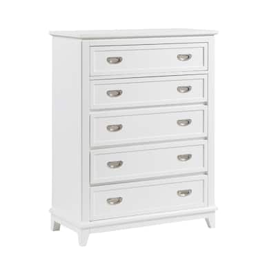 Sely Tall Dresser Chest, 5 Drawers, White Wood, Nickel Ring Handles