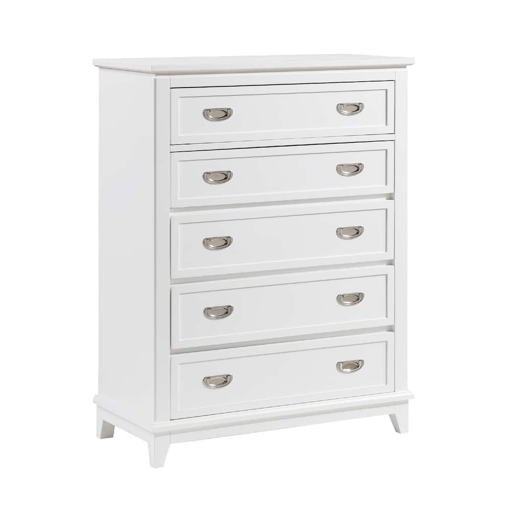 Sely Tall Dresser Chest, 5 Drawers, White Wood, Nickel Ring Handles