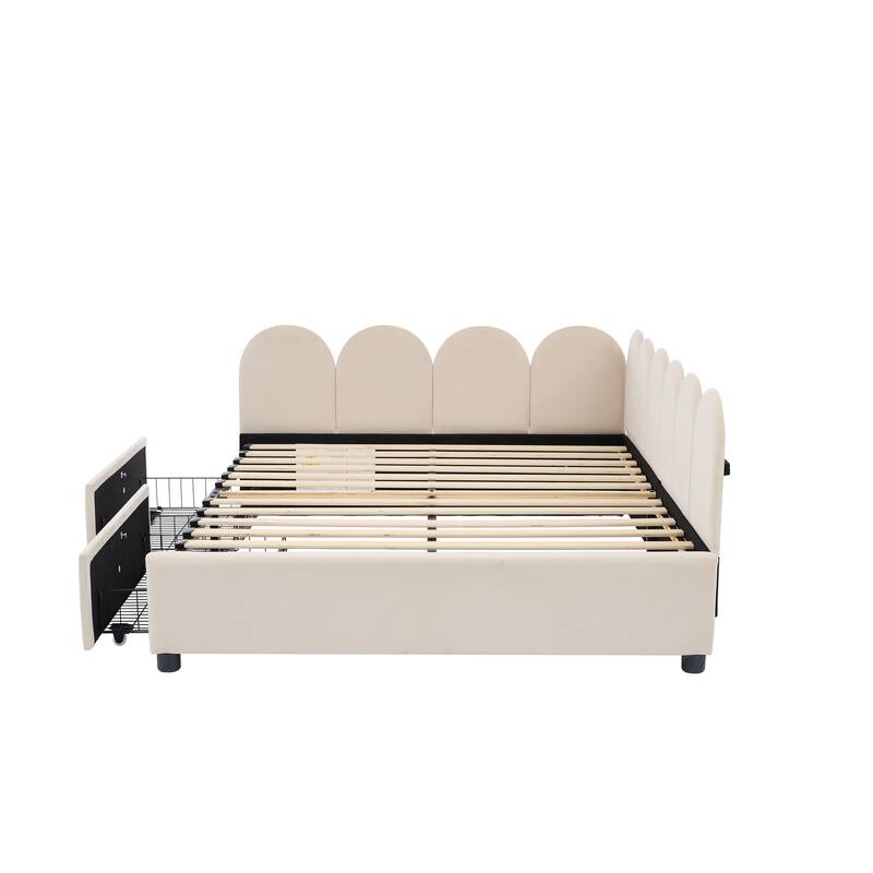 Full Size Velvet Daybed with Drawers and Soft Headboard