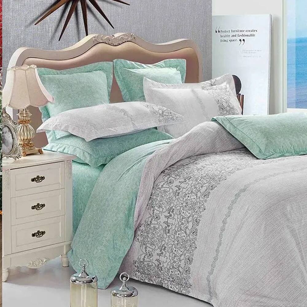 Queen Beach Microfiber Bedding Set Duvet Cover Set White Green Bed