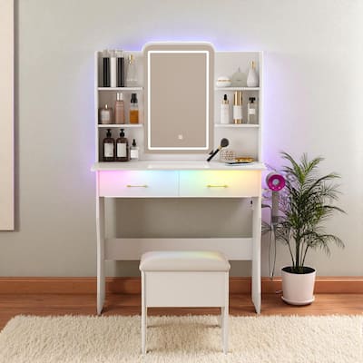 Vanity Desk with LED Mirror & RGB Lights, Power Outlet, 2 Drawers, Shelves & Chair, Dressing Table for Bedroom