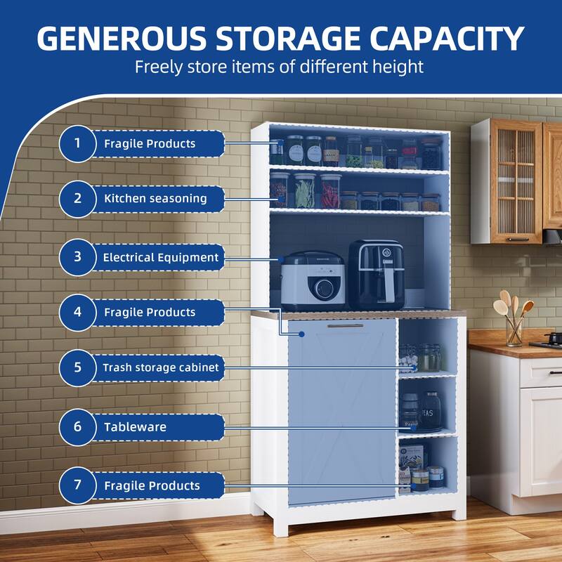 Moasis Bakers Rack with Trash Can Storage Bin Cabinet and Power Outlet