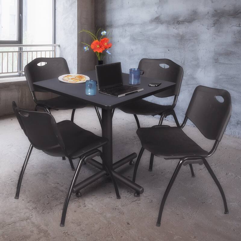 30" Square Breakroom Table- Grey & 4 'M' Stack Chairs- Black - Grey, Black - 30