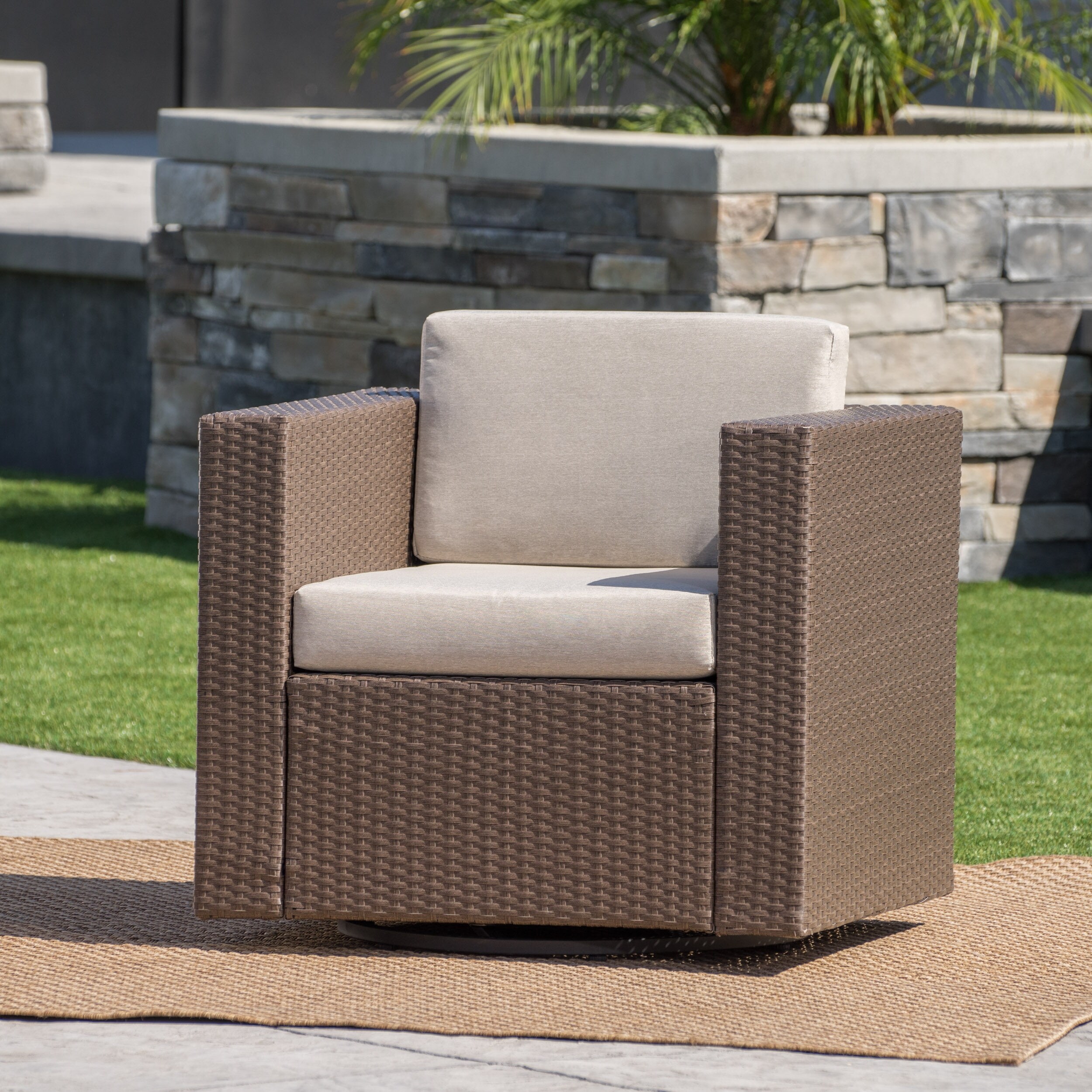 Venice Outdoor Wicker Swivel Club Chairs with Cushions Transitional Style Dark Brown Beige GDFStudio