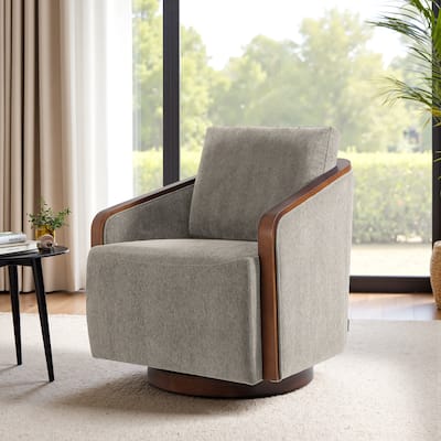 Upholstered Swivel Barrel Chair with Curved Wood Arms
