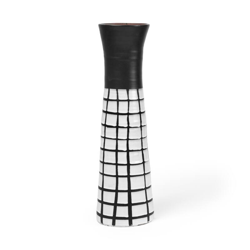 Black and White Modern Grid Ceramic Vase - 6" W x 17" H x 6" D