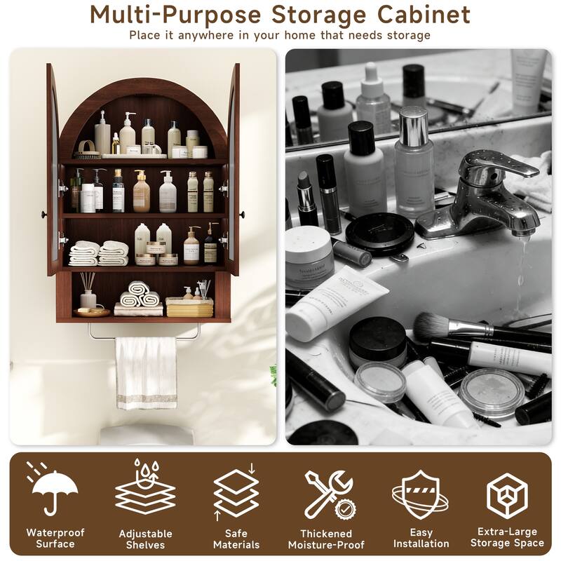 Wall Mounted Arched Cabinet with Mirrored Doors and Adjustable Shelves for Laundry Room, Bathroom, Kitchen