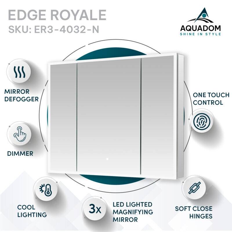 AQUADOM Edge Royale 48W Bathroom Led Lighted Medicine Cabinet Defogger, 3X LED Adjustable Magnifying Mirror, Electrical Outlets