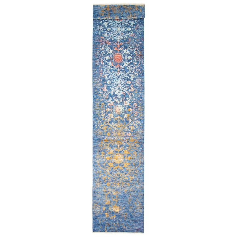 ECARPETGALLERY Hand-knotted Heritage Blue Silk, Wool Rug - 2' 7" x 17' 10" - Blue - 2' 7" x 17' 10" - Runner