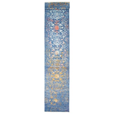 ECARPETGALLERY Hand-knotted Heritage Blue Silk, Wool Rug - 2' 7" x 17' 10"
