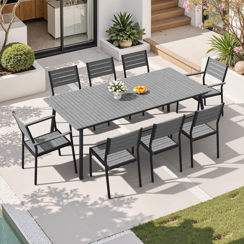 9-Piece Outdoor Patio Dining Set Alumium Umbrella Hole Table with Stackable Chairs - Grey