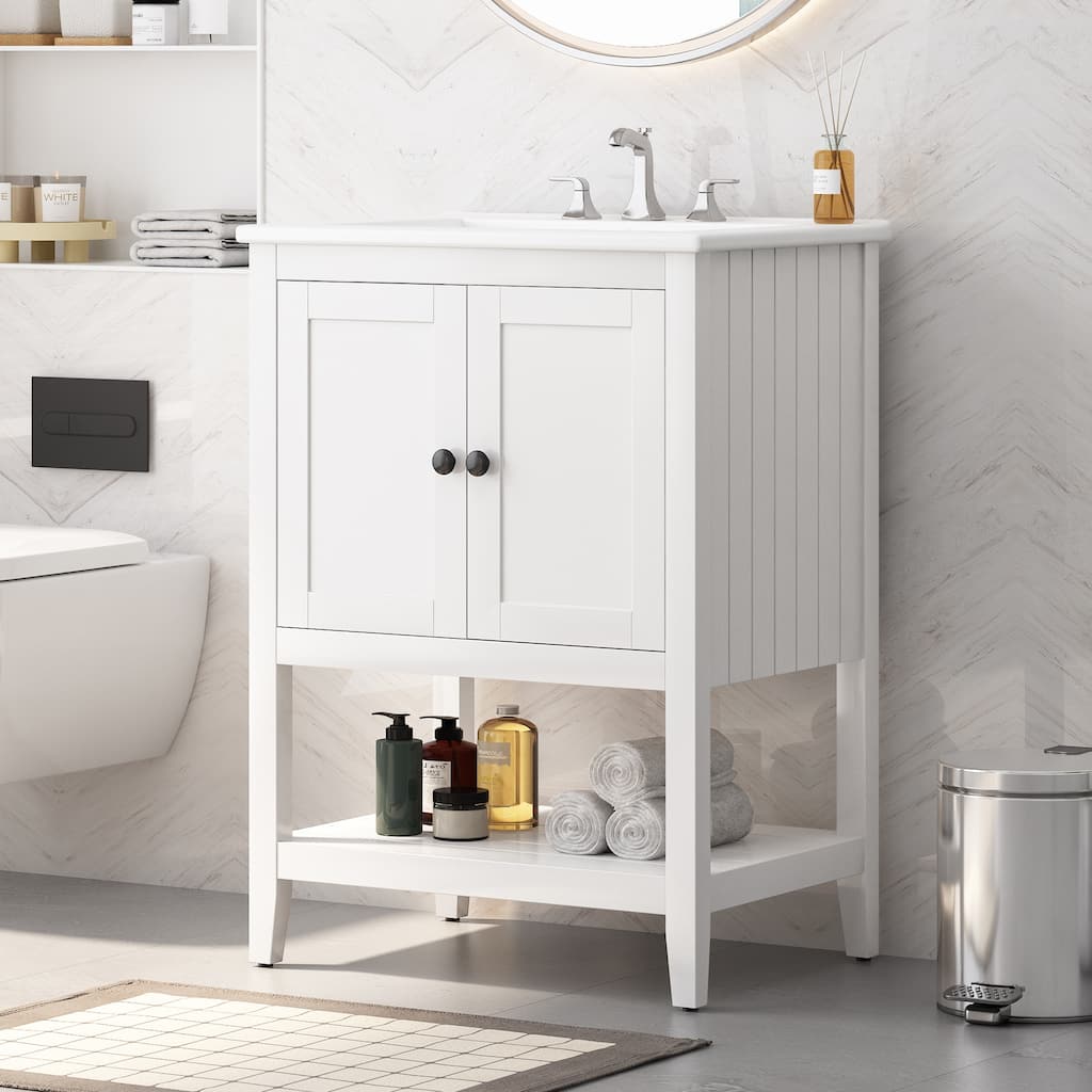 Bathroom Vanity with Sink, Small Bathroom Storage Cabinet with Open Shelf, Bathroom Vanities with Ceramic Basin