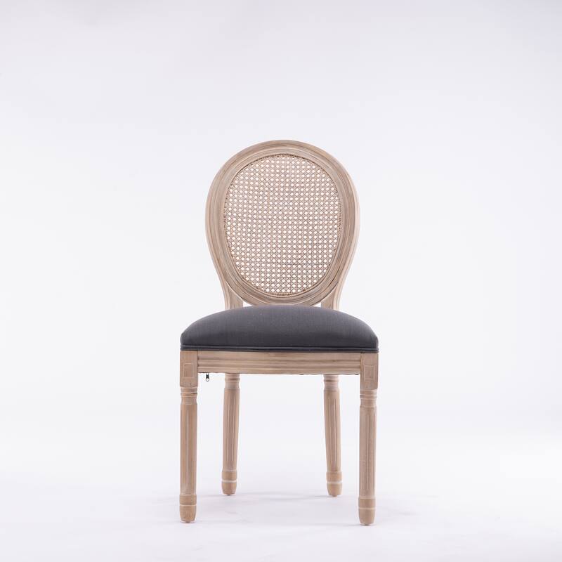 Dining Chairs Set of 2, Rattan Upholstered Vintage Farmhouse Fabric Chair, with Round Backrest and Solid Wood Legs