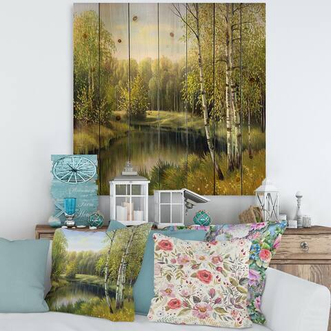 Designart 'Birches By The River In Silent Green Nature' Traditional Print on Natural Pine Wood