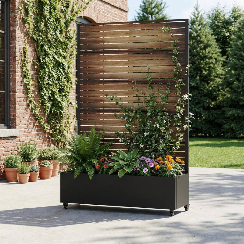 Metal Planter Box with Trellis Privacy Screen Planter Box with Lockable Wheels - Brown - 72"x47"