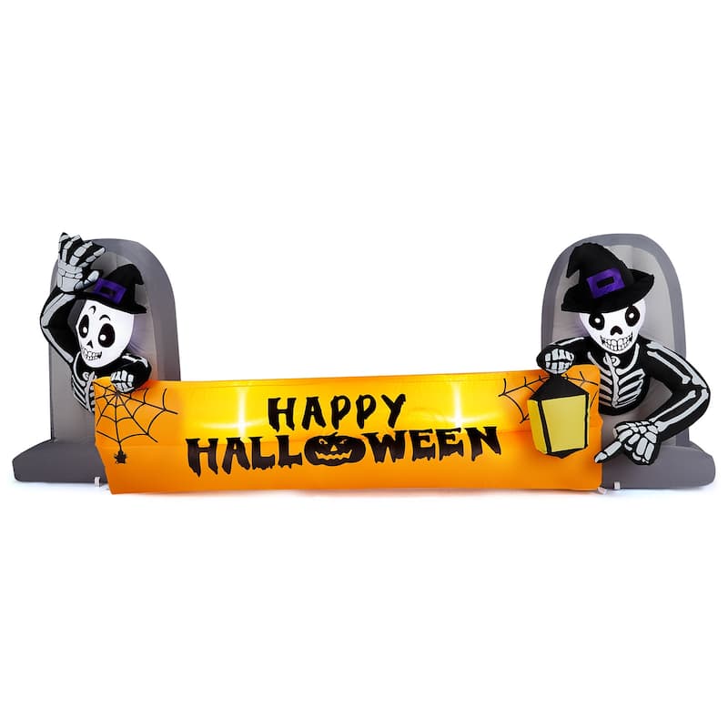 Outdoor Halloween Inflatable Banner 9.6 ft with Glowing LED Skeletons Tombstone Decoration