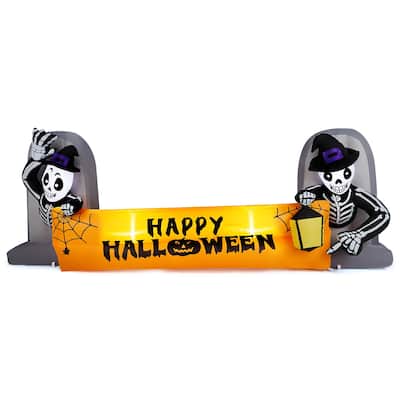 Outdoor Halloween Inflatable Banner 9.6 ft with Glowing LED Skeletons Tombstone Decoration